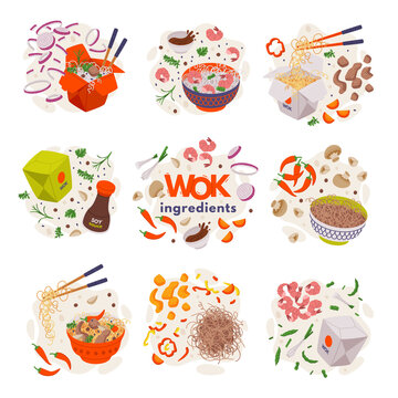 Wok Ingredients and Asian Food for Stir Frying with Noodles, Soy Sauce and Chopsticks Vector Composition Set