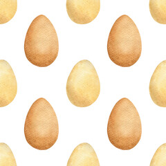 Beige and brown chiken eggs isolated on a white background. Hand-drawn illustration. Watercolor seamless pattern in minimalism style. Healthy food ingredient. Farm product. Simple packaging print