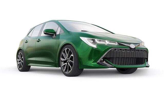 Paris, France. February 3, 2022: Toyota Auris 2019 . Green Compact urban family hatchback. 3D illustration.