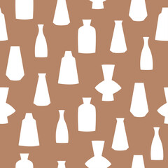 Seamless pattern of hand drawn vases. White clay pottery on brown background 