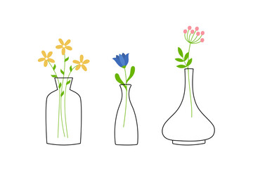 Set of line art vases with colorful flowers. Perfect for cards, decorations, logo.