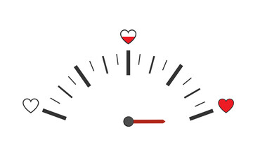 Love meter in speedometer design. Vector illustration with heart symbols and a pointer.
