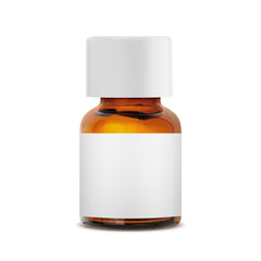 A brown glass bottle with a white lid and a white label for the inscription. Packaging for liquid medical and cosmetic preparations.