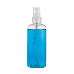 Transparent plastic bottle with a sprinkler. Packaging for various cosmetic and antiseptic products. Convenient modern packaging.