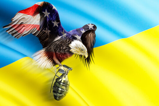 The American eagle carries weapons to Ukraine. Stop the war between Russia and Ukraine. Solidarity with Ukraine. 3D image.