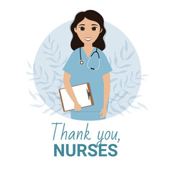 Thank you nurses. Nurse with stethoscope holds a case. Template for poster, social media, banner, card