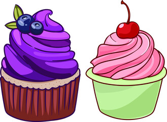 Hand drawn sketch food illustration of a cupcake set with blueberry and cherry cream, vector illustration of dessert