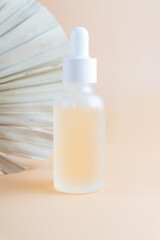 Frosted glass cosmetic bottle with pipette, product packaging with dry tropical leaf, anti aging...