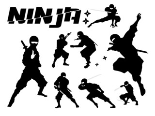 Ninja Silhouette Set. Set of Ninja Silhouette vector illustration, Ninja Weapon silhouette. Ninja Japanese warrior silhouettes. All in a single layer. Vector illustration. © thailerderden10
