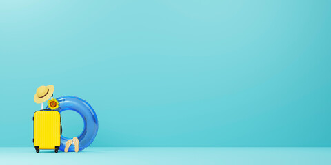 ターコイズブルーの背景に置かれたスーツケースと浮き輪 / サマーバケーション・夏のレジャー・海外旅行のコンセプトイメージ / コピースペース / 3Dレンダリング © picture cells