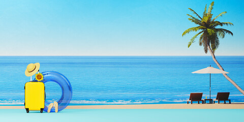 サマーリゾートの背景に置かれたスーツケースと浮き輪 / サマーバケーション・夏のレジャー・海外旅行のコンセプトイメージ / コピースペース / 3Dレンダリング © picture cells