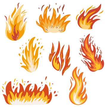 Fire. Fiery flame, bright fireball, thermal forest fire and a red-hot bonfire. Flames of different shapes. Vector fire flame icons in cartoon style.