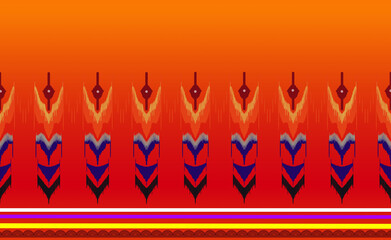 Ikat art motif, ethnic ethnic costume fabric pattern on orange-yellow gradient background.