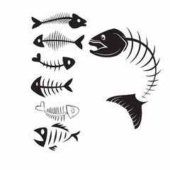 Fishbone icon, fishbone isolated skeleton vector silhouette. Cartoon dead fish bone of caudal vertebrae and sea herring head skull