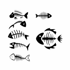 Fishbone icon, fishbone isolated skeleton vector silhouette. Cartoon dead fish bone of caudal vertebrae and sea herring head skull
