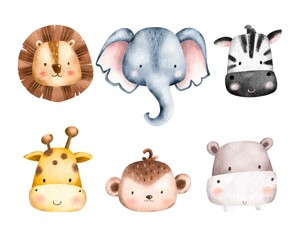 Set of Safari Animals Head Illustration 