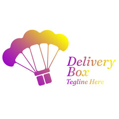 Logo with beautiful colorful box and parachute elements. Shipping or package design templates. Vector illustration