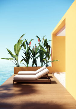 Modern room with nature sea view background 3d render. The Rooms have yellow wall, concrete floors and wooden balcony with pool chairs