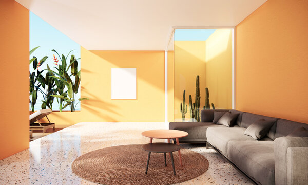 Modern room with furniture background 3d render. The Rooms have blank picture frame on yellow wall, concrete floors, cactus garden, sofa and balcony with pool chairs, sunlight shine into the room
