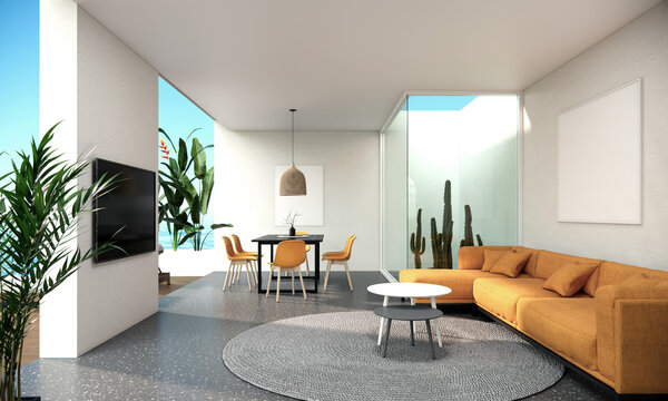 Modern beach villa. white room with furniture background 3d render. The Rooms have yellow sofa, dining table, cactus garden and balcony.