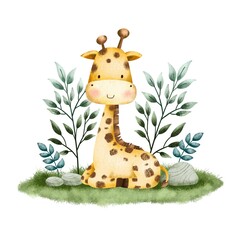 Watercolor Illustration Safari Animal Giraffe 