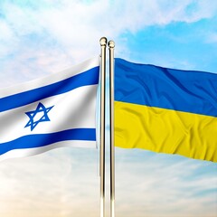 Ukraine and Israel flags on sky background