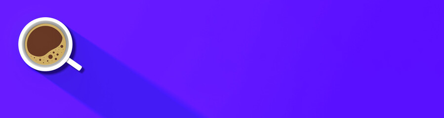 a white cup of coffee on blue background. long shadow from cup. invigorating drink. Banner for insertion into site. horizontal image. 3D image. 3D rendering.