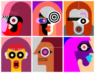 Six Portraits modern art layered vector illustration. Composition of six different abstract images of human face.