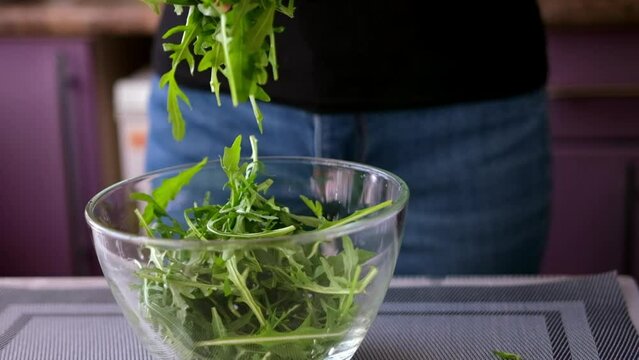Healthy lifestyle - Woman pouring arugula into glass bowl
