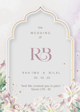 Islamic Wedding Invitation Template with Pink Watercolor