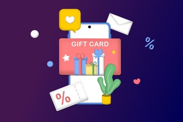 Gift card with box ribbon in smartphone app shop. Digital gift card and promotion strategy, gift voucher, discount coupon and gift certificate concept. 3d vector illustration. Minimalist style cartoon