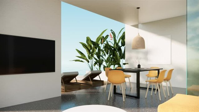 Modern beach villa. white room with furniture and television mockup. zoom out video ultra HD 4K 3840x2160, 3D animation