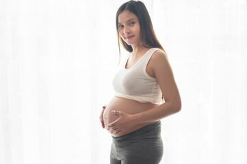 Young beautiful pregnant woman at home, maternity and pregnancy care concept