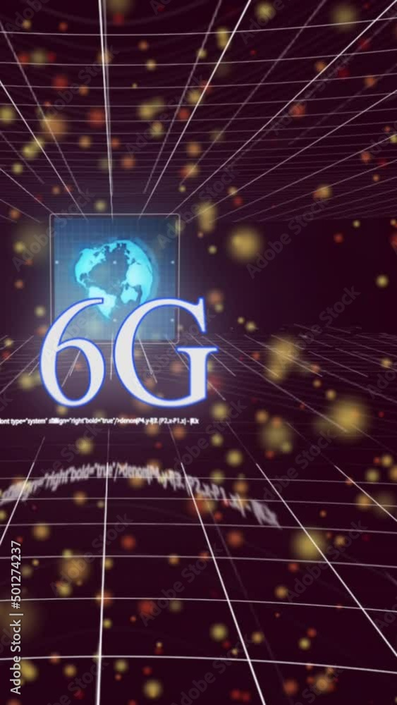 Poster animation of 6g, dots and data processing moving over brown background