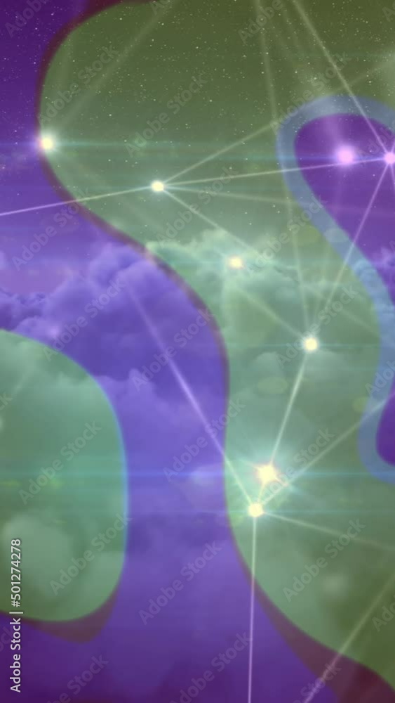 Poster animation of connections and clouds over background with changing colorful shapes