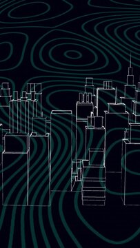 Animation of metaverse city rotating on black background with isohypses