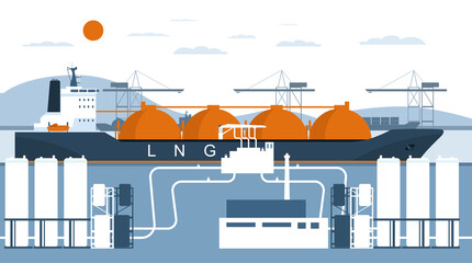 A gas carrier ship is unloading in a terminal for receiving liquefied gas. Vector illustration. - obrazy, fototapety, plakaty