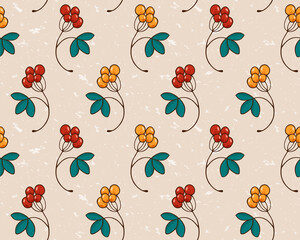 Seamless vector pattern with hand-drawn red and yellow berries on a beige speckled background