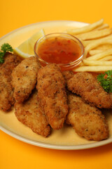 Concept of tasty food with chicken strips, close up