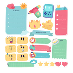 Set of Colorful Cute Vintage Baby Daily Planner Scrapbook Memo Note Paper Schedule Template Sticker Label or symbol set element bundle, Paper sheet with to do list, Isolated Background