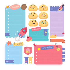 Set of Colorful Cute Vintage Baby Daily Planner Scrapbook Memo Note Paper Schedule Template Sticker Label or symbol set element bundle, Paper sheet with to do list, Isolated Background