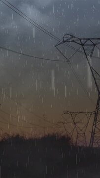 Animation of heavy rain, storm with yellow lightning and grey clouds over electric pylons