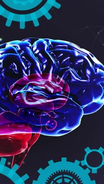 Animation of brain rotating over navy background with dots and cogs