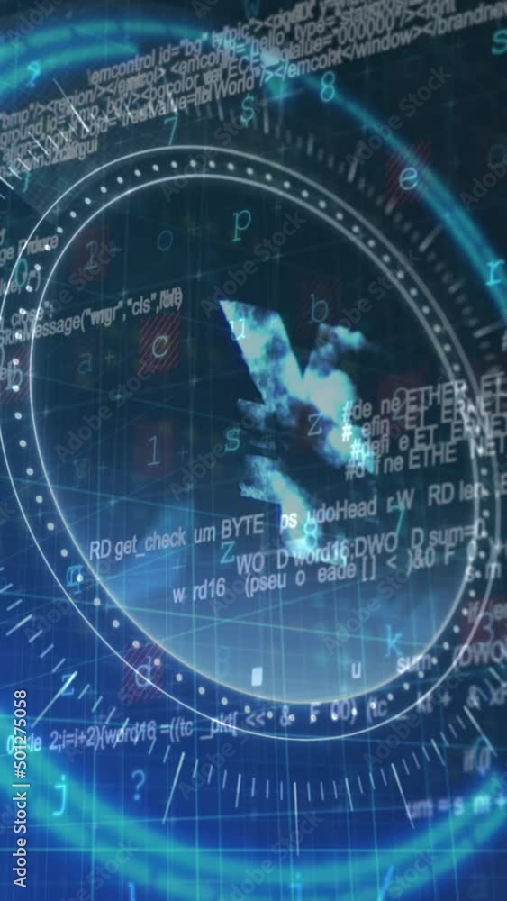 Poster animation of japanese yen symbol on rotating safe lock over processing data