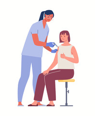 Nurse or doctor in latex gloves inoculates person. Concept of vaccination. Vector illustration. Flat cartoon characters.