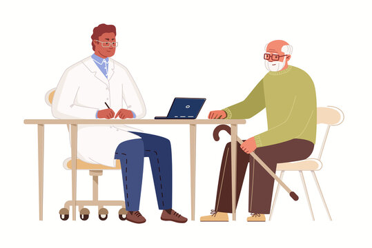 Elderly man in doctor's office. Physician consults patient, writes out prescription on computer. Concept of geriatric care. Vector characters flat cartoon illustration.