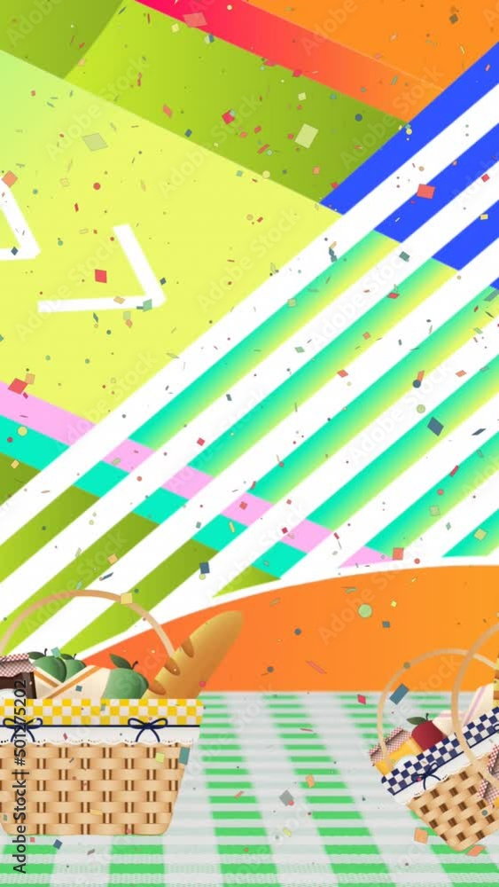 Poster animation of spots and confetti over picnic baskets on gingham tablecloth and abstract background
