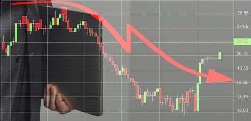 Businessman with chart in the fall, economy going down.