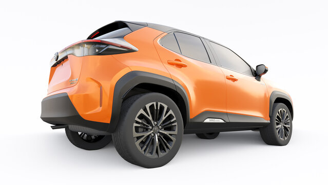 Tokyo, Japan. April 20, 2022: Toyota Yaris Cross 2020. Compact orange SUV with a hybrid engine and four-wheel drive for the city and suburban areas on a white isolated background. 3d illustration.