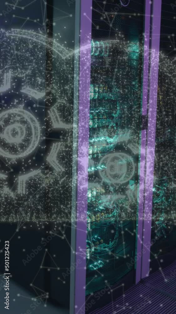 Poster cloud icon and network of connections floating against computer server room